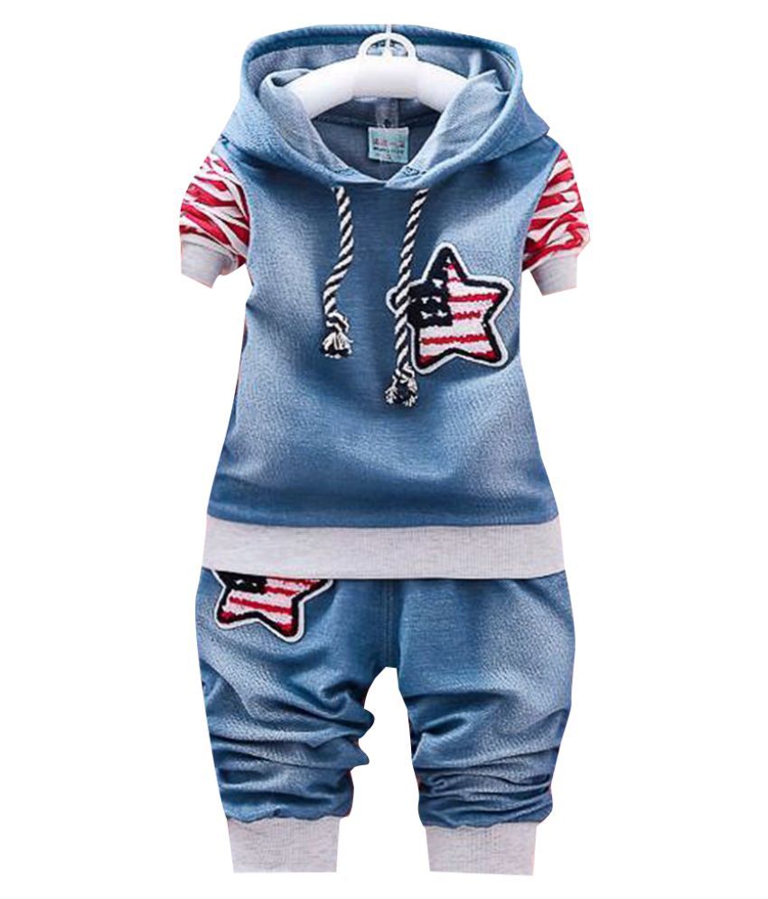 Hopscotch Boys Cotton, Spandex Star Applique Hoodies And Jeans Sets in Red Color For Ages 3-4 Years (BP4-2672413)