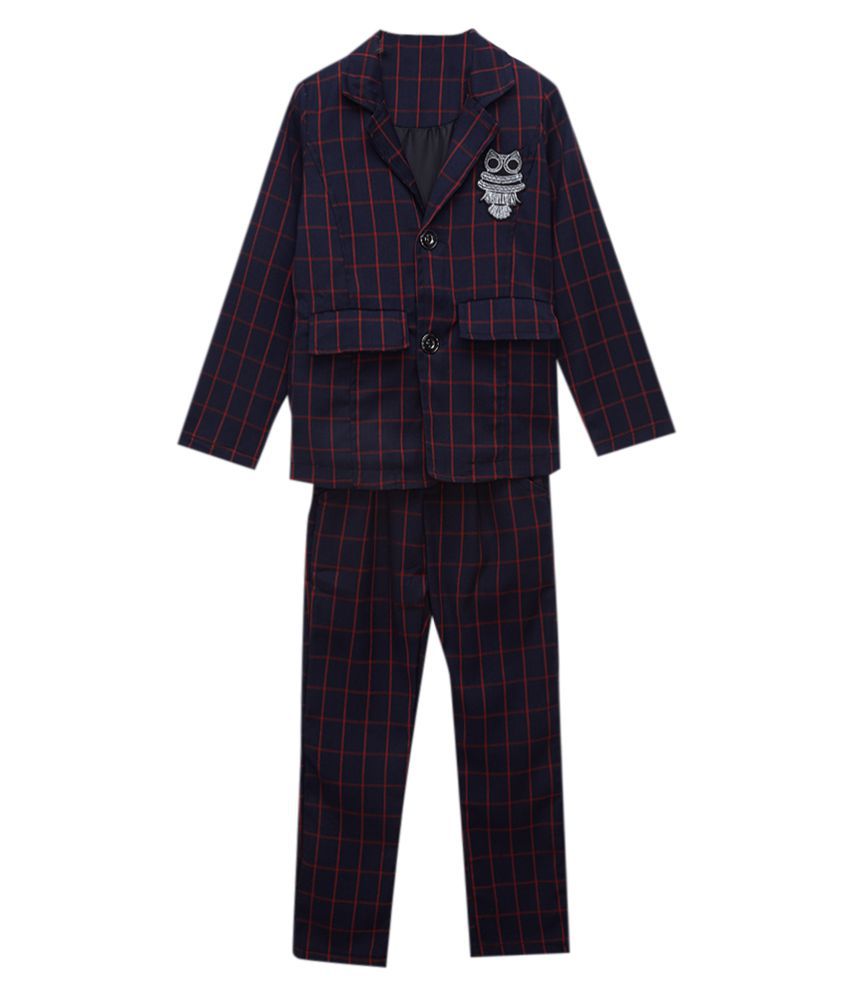 Hopscotch Boys Fiber Full Sleeves Checked Blazer And Pant Formal Set in Red Color For Ages 3-4 Years (XYG-3135128)