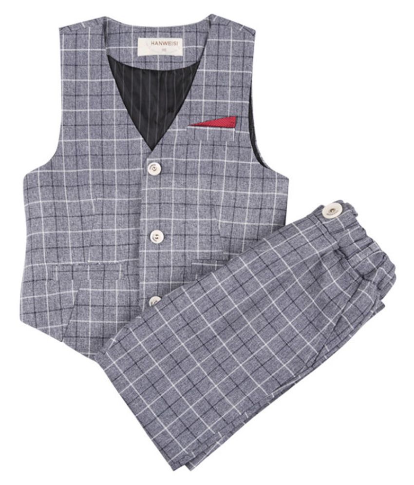 Hopscotch Boys Polyester And Cotton Checked Pant Set With Waistcoat in Gray Color For Ages 2-3 Years (HWT-3103383)