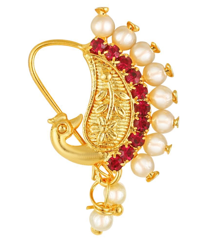     			Vighnaharta Gold Plated Red Stone with Peals Alloy Maharashtrian Nath Nathiya./ Nose Pin for women VFJ1006NTH-TAR