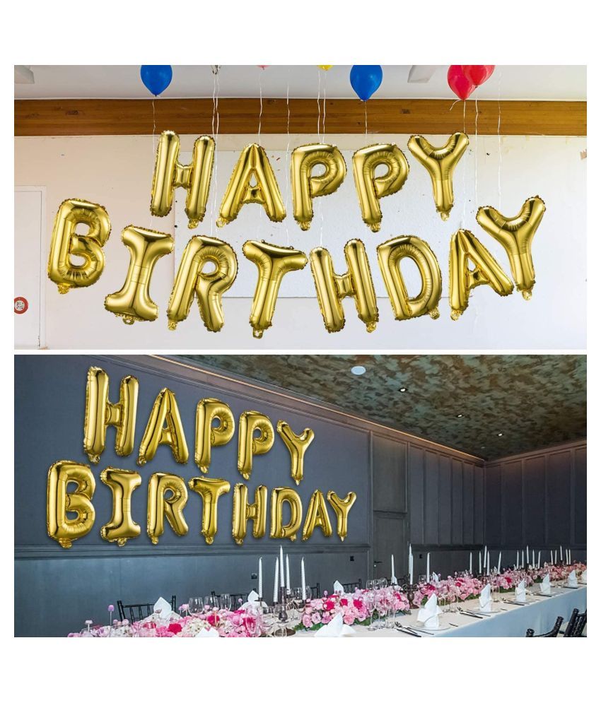 Zyozi Party Decoration Happy Birthday Balloons Banner Gold Lettering Mylar Foil Letters Inflatable Party Decor And Event Decorations For Kids And Adults Reusable Ecofriendly Fun Pack Of 13 Letter