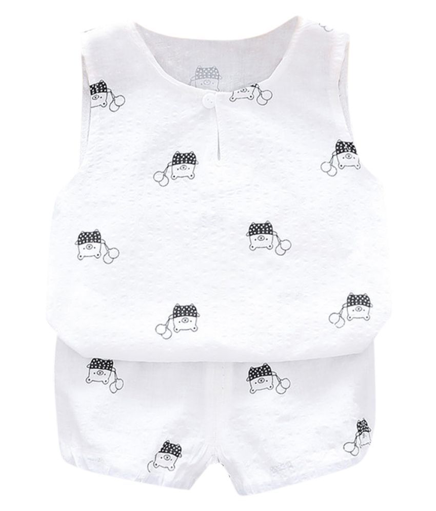 Hopscotch Boys Cotton And Spandex Sleeveless Art Printed Top And Short Sleepwear Set in White Color For Ages 3-4 Years (WER-3409240)