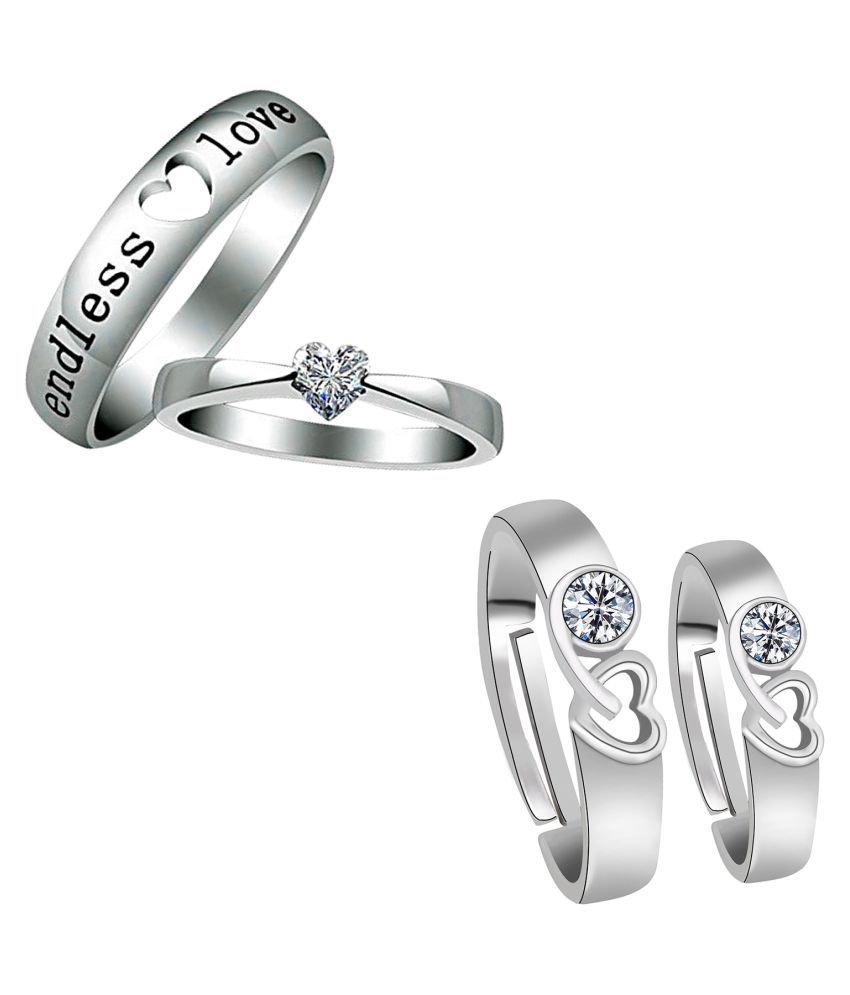     			Party Wear  Adjustable Couple Rings Set for lovers Silver Plated Solitaire for Men and Women 2 Pair