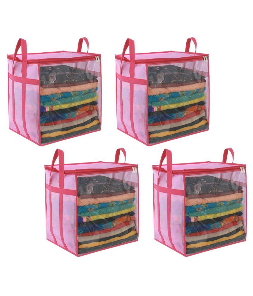     			PrettyKrafts XL Saree Cover/sari organizer with handles transparent front (Pack of 4)Large Sari Cover JutePink (Pink)