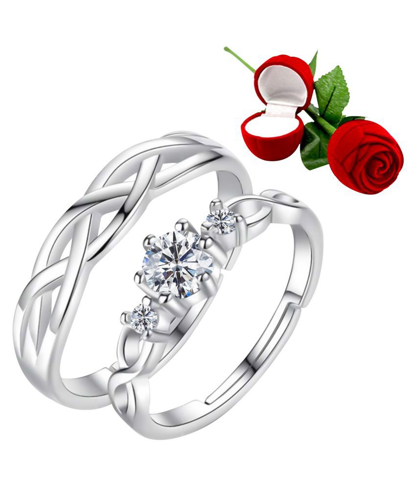     			Silver Plated Adjustable Couple Rings Set for lovers Ring with 1 Piece Red Rose Gift Box  for Men and Women