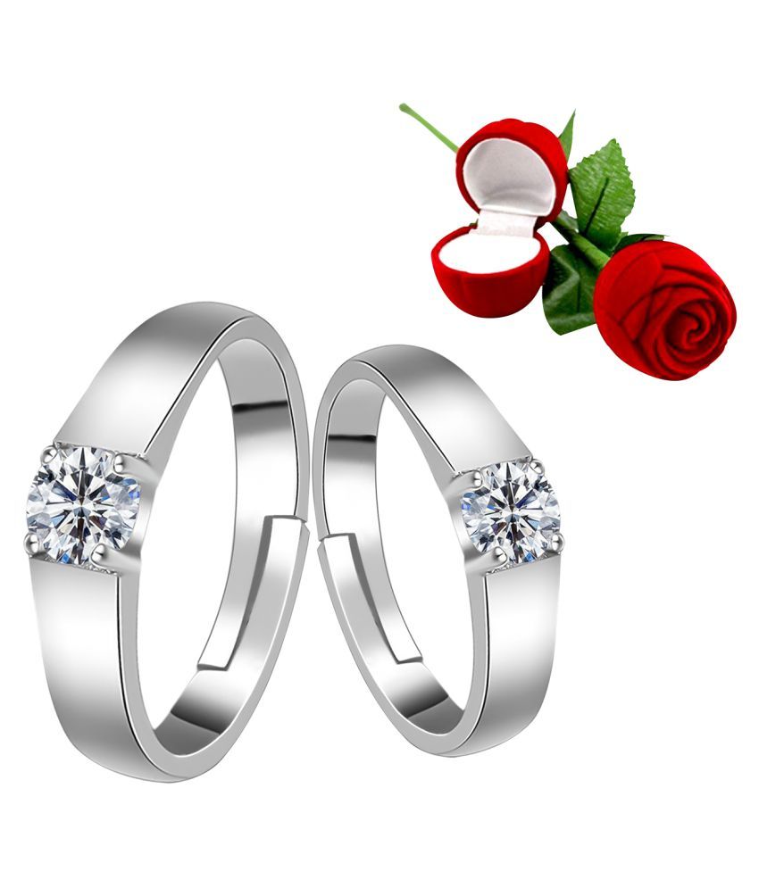     			Silver Plated Adjustable Couple Rings Set for lovers Ring with 1 Piece Red Rose Gift Box  for Men and Women