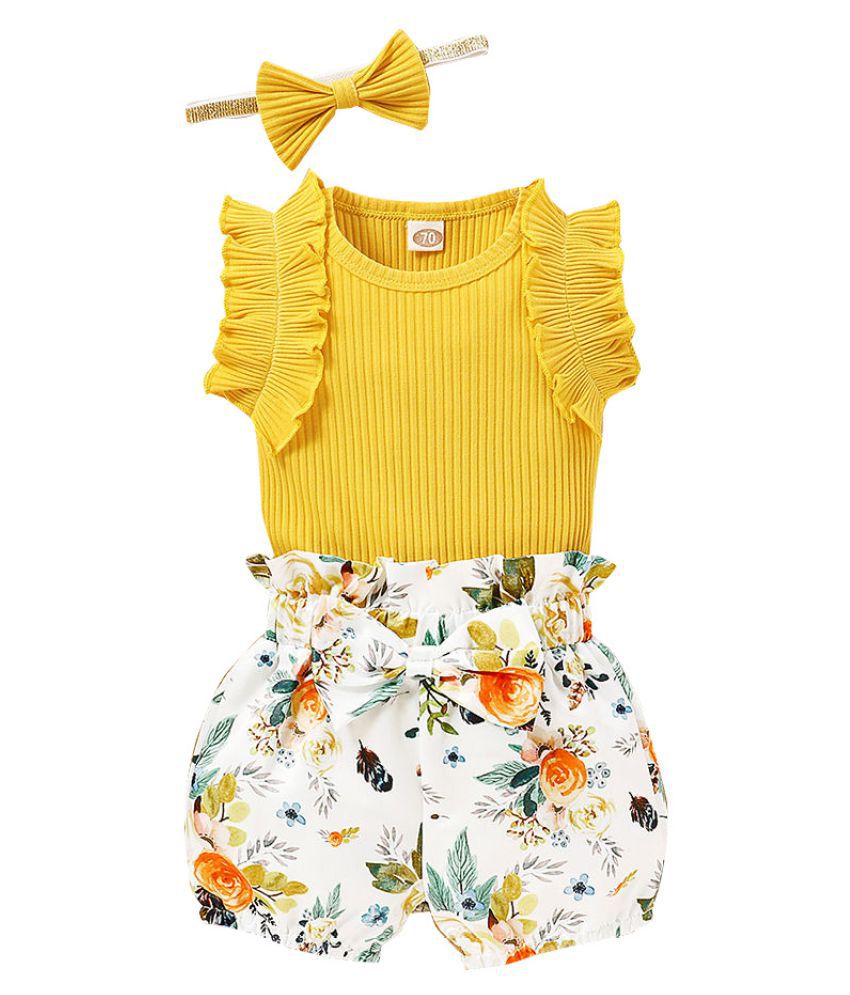 Hopscotch Girls Cotton Polyster Solid Top with Floral Print Short Set And  Bow Style Hair Band in Yellow color for Ages 3-6 Months (CDY-3068491) - Buy  Hopscotch Girls Cotton Polyster Solid Top