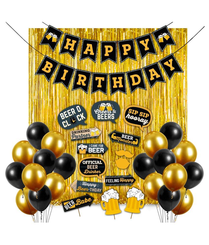     			Zyozi™ Party Decoration 1 Set Happy Birthdday Banner/14 Pcs Photobooth Props/2 Pcs Foil Curtain/25 Pcs Balloon Black and Gold Large Beer Party Photo Booth Props Craft Item,For 18th,19th,20th,21th birthday item (Set of 42)