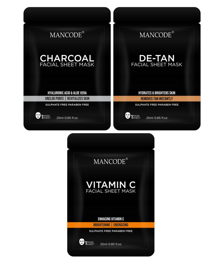 Mancode Charcoal De Tan Vitamin C Face Sheet Mask 25 ml Pack of 3
