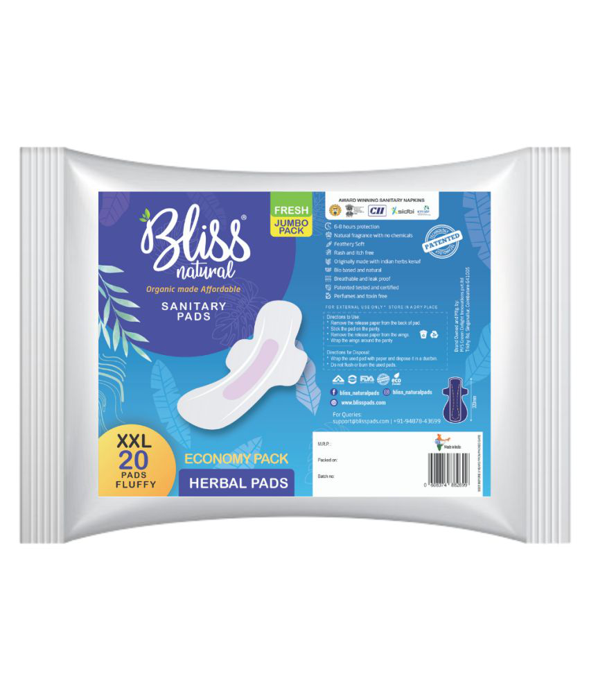 BlissNatural Bliss Pads Organic Sanitary Pads XXL 20 Sanitary Pads Pack of 20