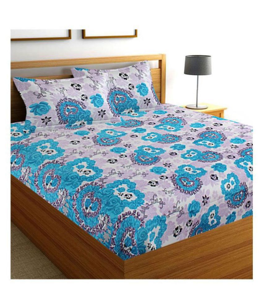     			Home Candy Cotton Floral Double Bedsheet with 2 Pillow Covers - Blue