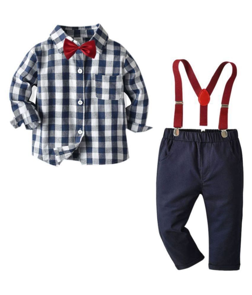 Hopscotch Boys Cotton Checked Applique Bow Full Sleeves Shirt And Suspender Pant Set in Multi Color For Ages 4-5 Years (HJ-2883359)