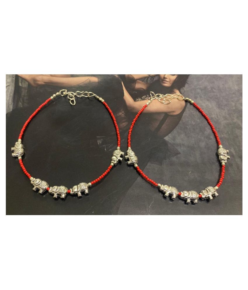     			Red Beads Oxidised Silver Anklet Nazariya Combo for Women and Girls