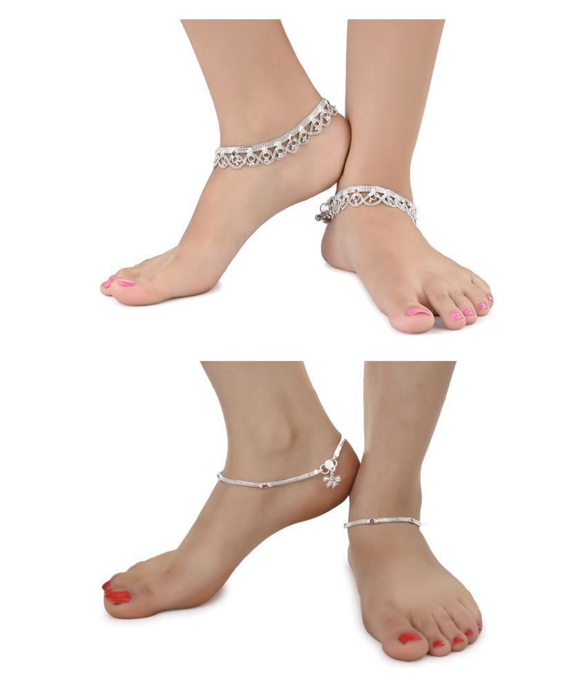     			AanyaCentric Combo of 2 Pair Silver Plated White Metal Indian Traditional Ethnic Payal Anklets