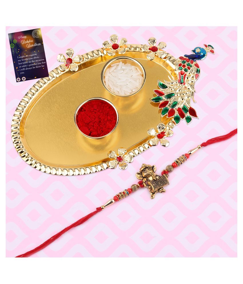     			Stylish Classic  Look "GANESH JI" Pendant   Rakhi For  Bhaiya/Brother/Bhai With Roli Chawal And 1 Greeting Card 1 Kankawati Pooja Thali