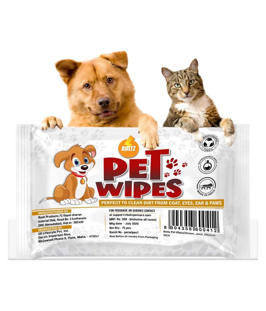     			BOLTZ Pet Wipes/Grooming Wipes for Dogs,Cats,No Fragrance (Pack of 3),Total 75 Count