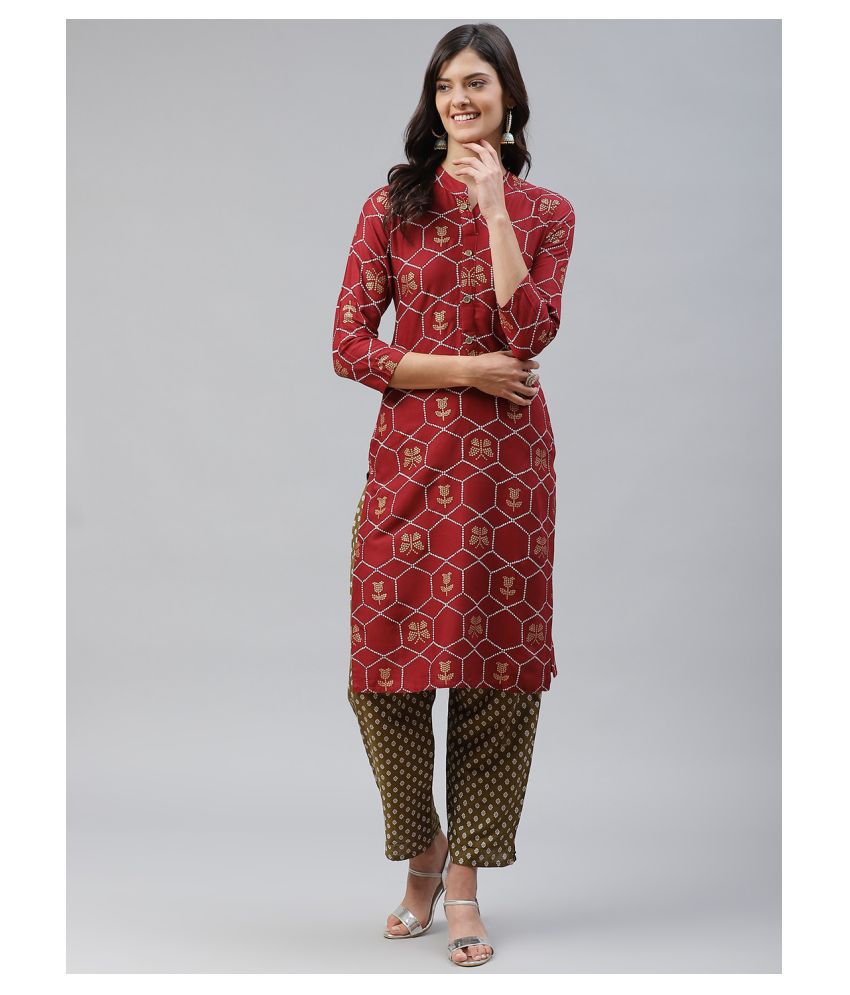     			HIGHLIGHT FASHION EXPORT - Maroon Straight Rayon Women's Stitched Salwar Suit ( Pack of 1 )