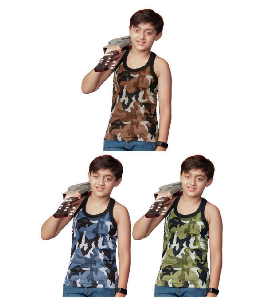     			Rupa Frontline Green, Bue and Brown Cotton Sleeveless Military Print Vests for Kids/Boys Pack of 3