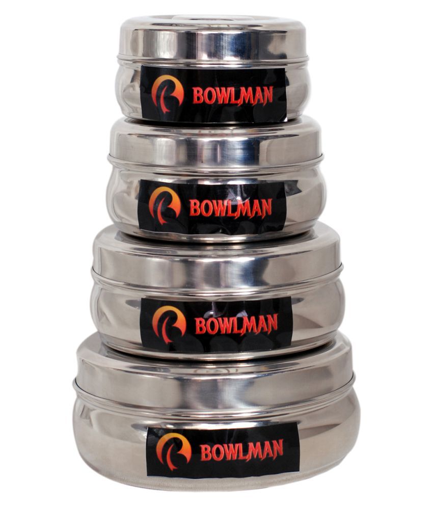     			BOWLMAN Belly Nestable Steel Food Container Set of 4, Capacity 200,400,650,950ml
