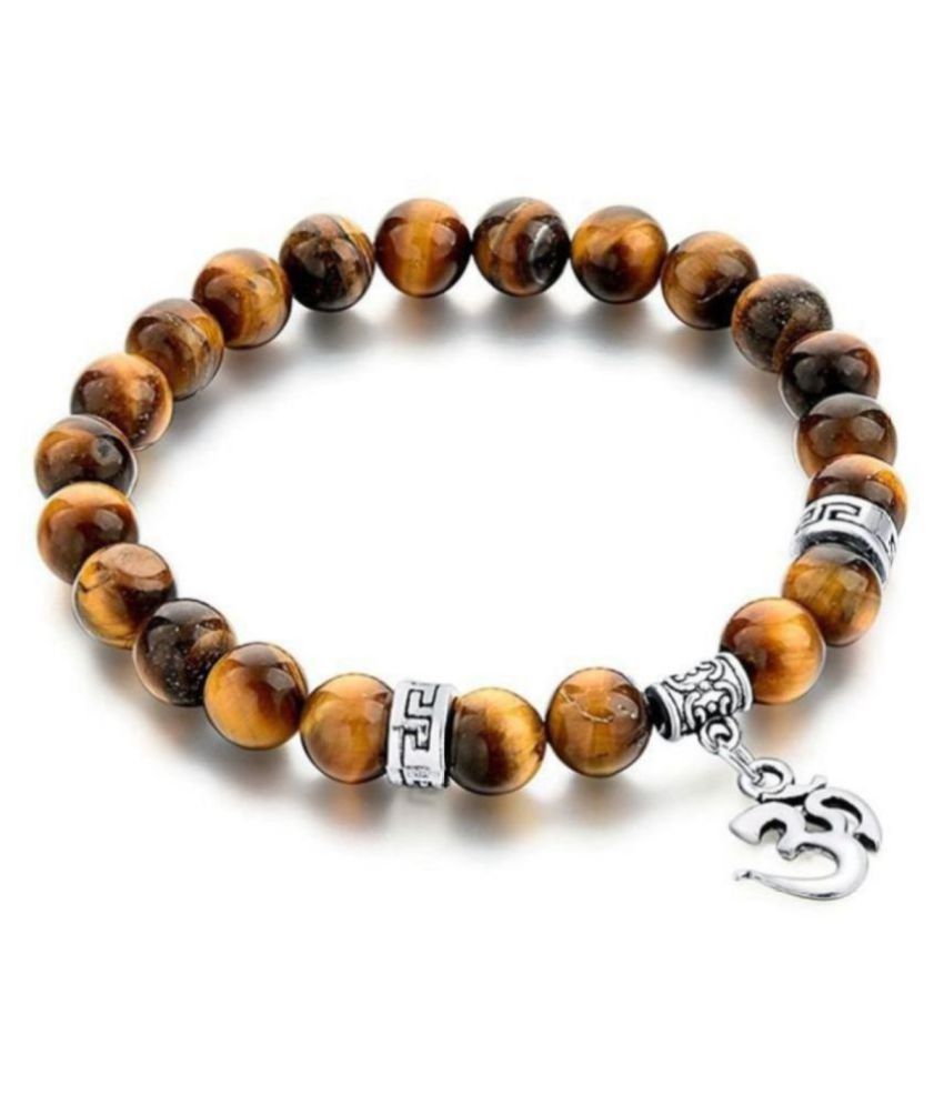     			8mm Yellow Tiger Eye With Om Charm Natural Agate Stone Bracelet