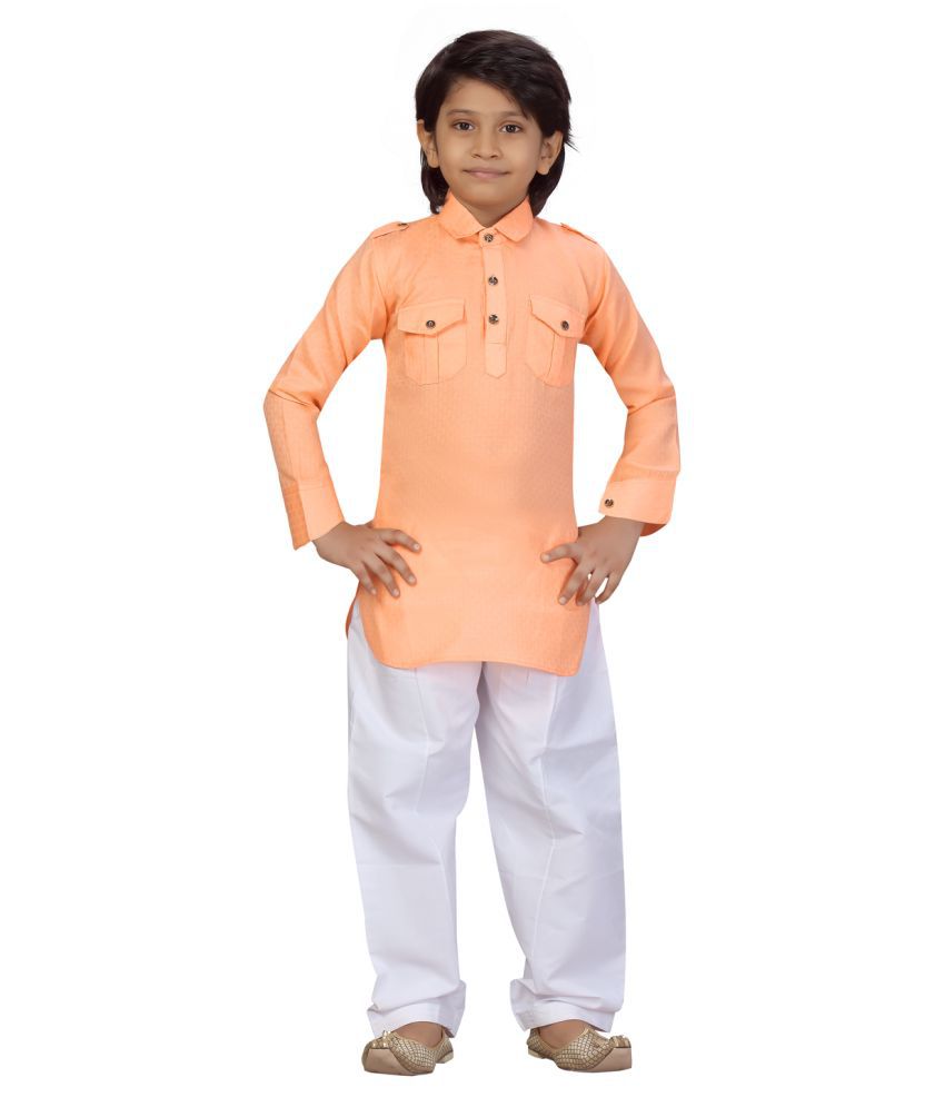 Little Mafia By Aarika Boys Orange-White Color Pathani Kurta Pyjama Set