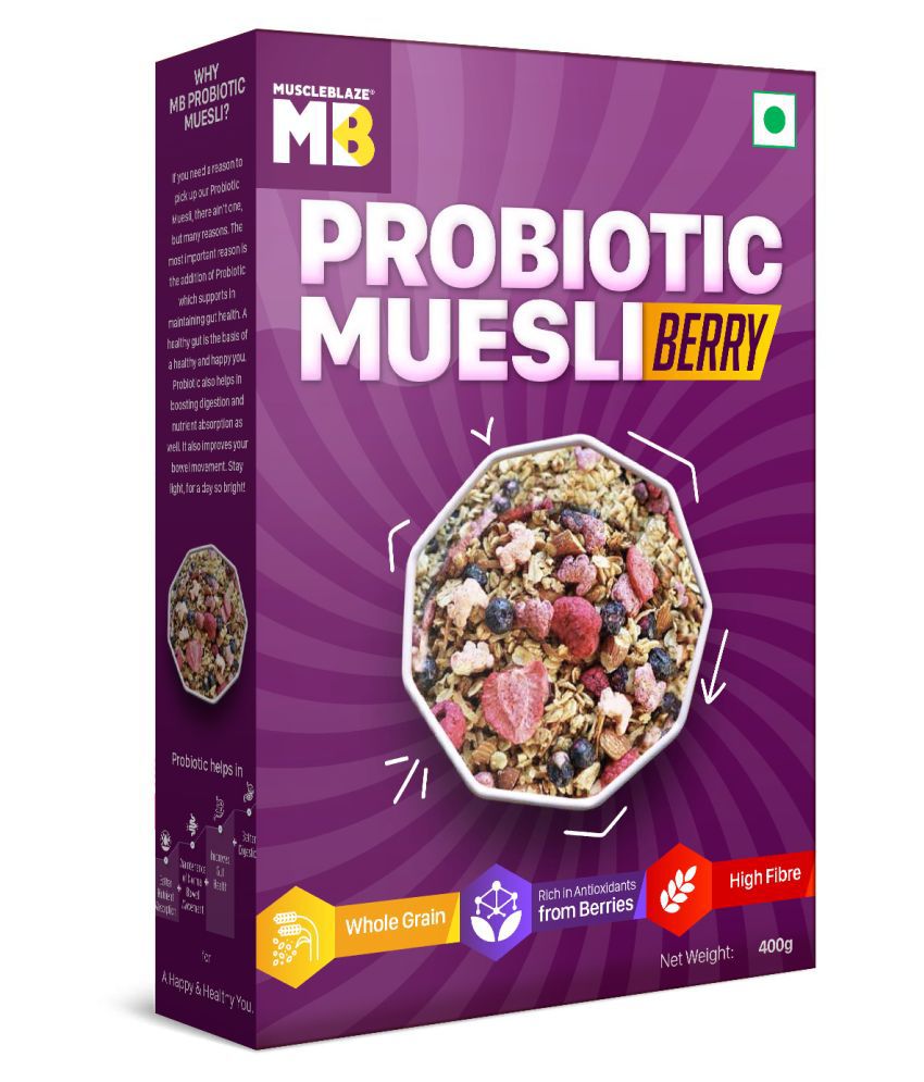 MuscleBlaze Probiotic Muesli, Breakfast Cereals For Good Gut Health, Berry, Multigrain Flakes, High Protein, Antioxidants, 400 g