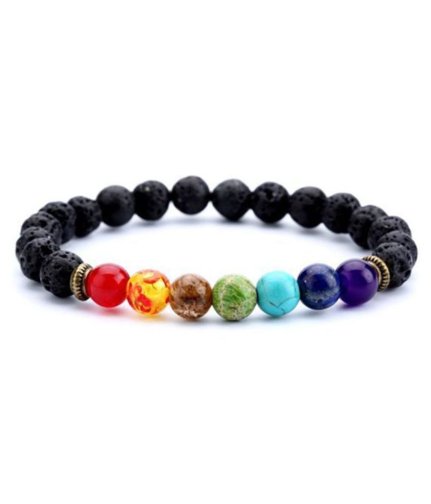     			8mm Black Lava With Seven Chakra Natural Agate Stone Bracelet