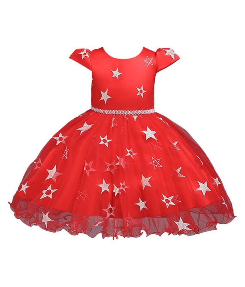 Hopscotch Baby Girls Viscose, Polyester Cap Sleeves Star Printed Party