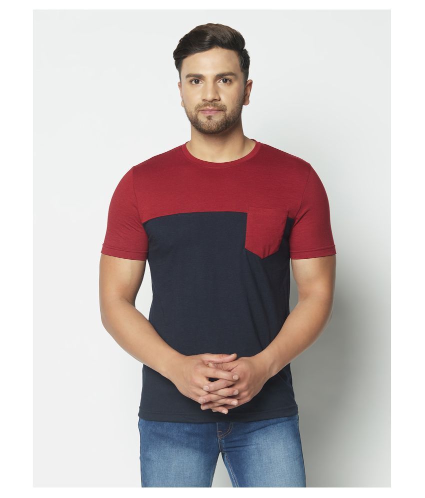     			Glito Cotton Blend Maroon Color Block T-Shirt