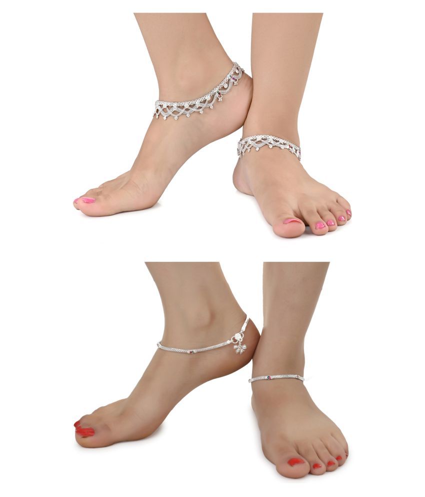     			AanyaCentric Combo of 2 Pair Silver Plated White Metal Indian Traditional Ethnic Payal Anklets