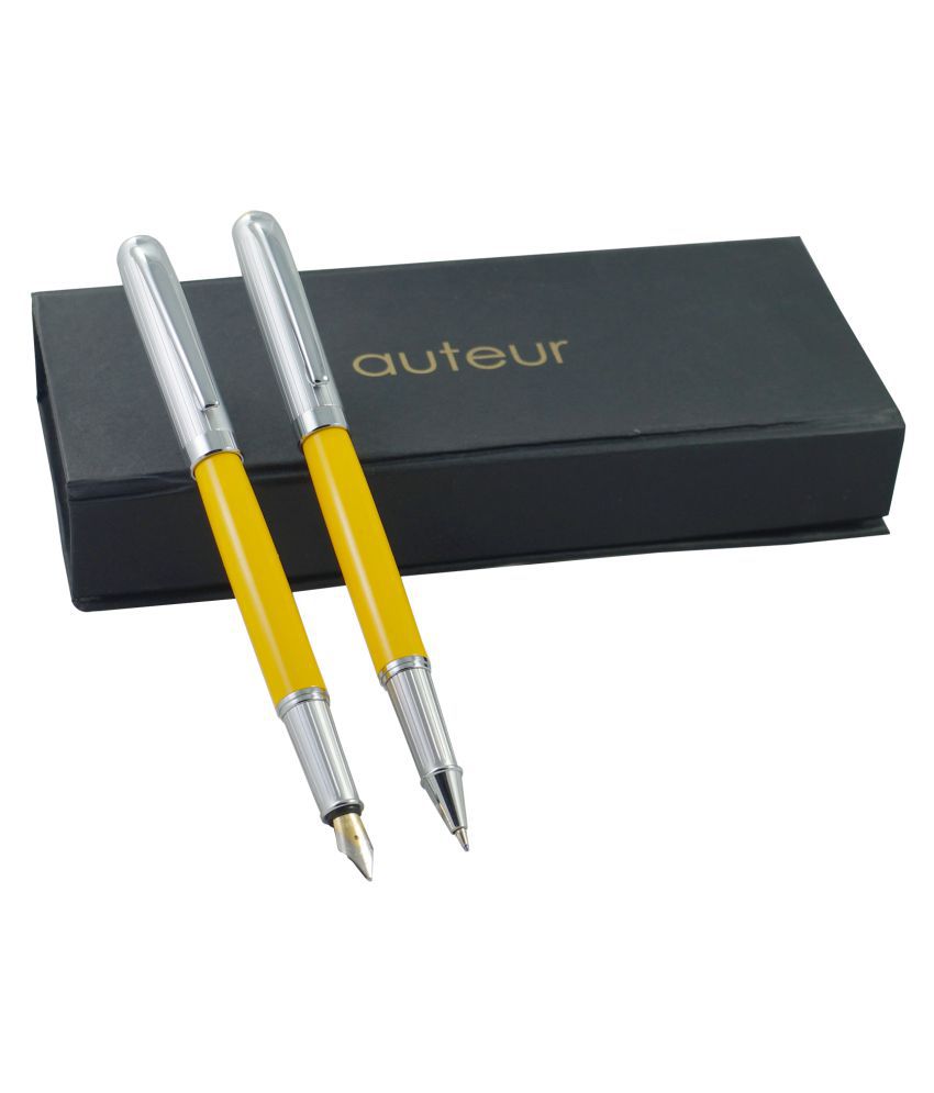     			Auteur 011 Yellow Color Medium Nib Fountain Ink Pen & Roller Ball Pen ( Blue Ink ) Set Of  2 In A Gift Box .