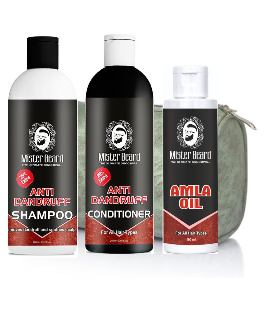 MISTER BEARD Dandruff Shamp, Cond, Free Bag And Amla Hair Oil 100 mL Pack of 3 Fliptop Plastic Jar