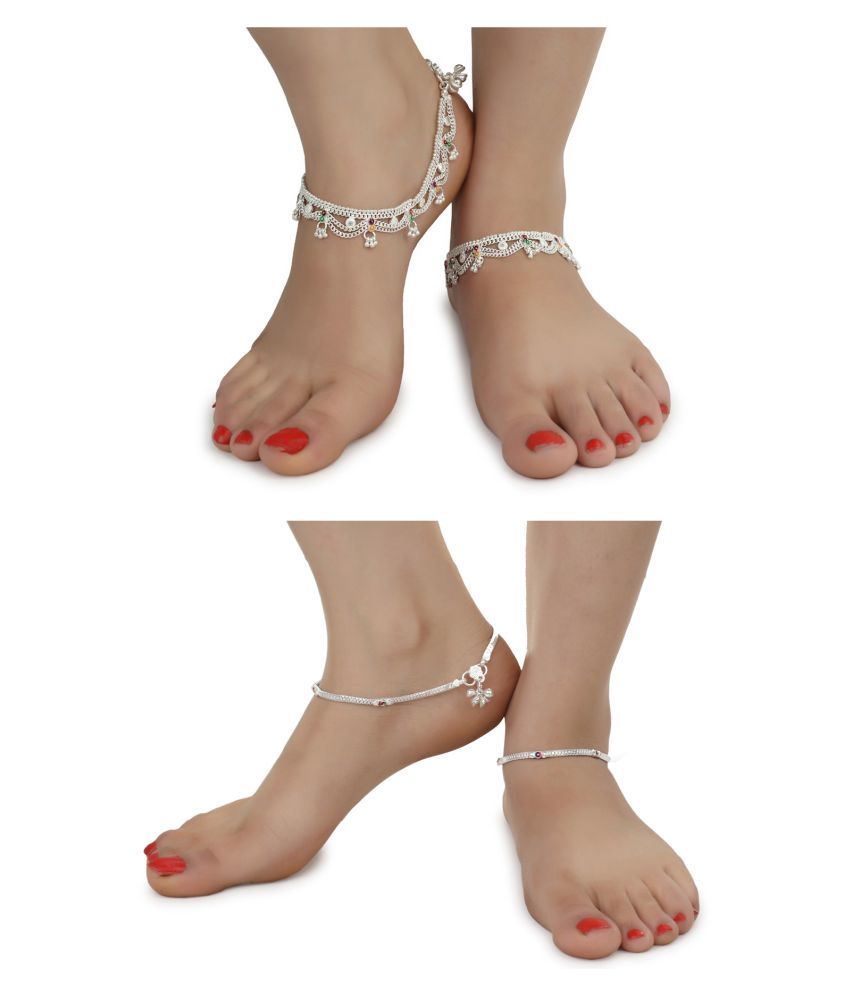     			AanyaCentric Combo of 2 Pair Silver Plated White Metal Indian Traditional Ethnic Payal Anklets