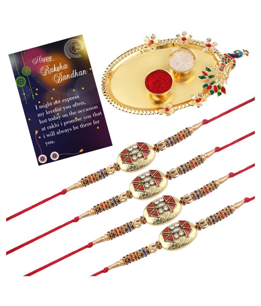     			Paola Designer Rakhi with Kankawati Pooja Thali Roli Chawal  Greeting  Card  For  Bhaiya/Brother/Bhai Pack Of 4