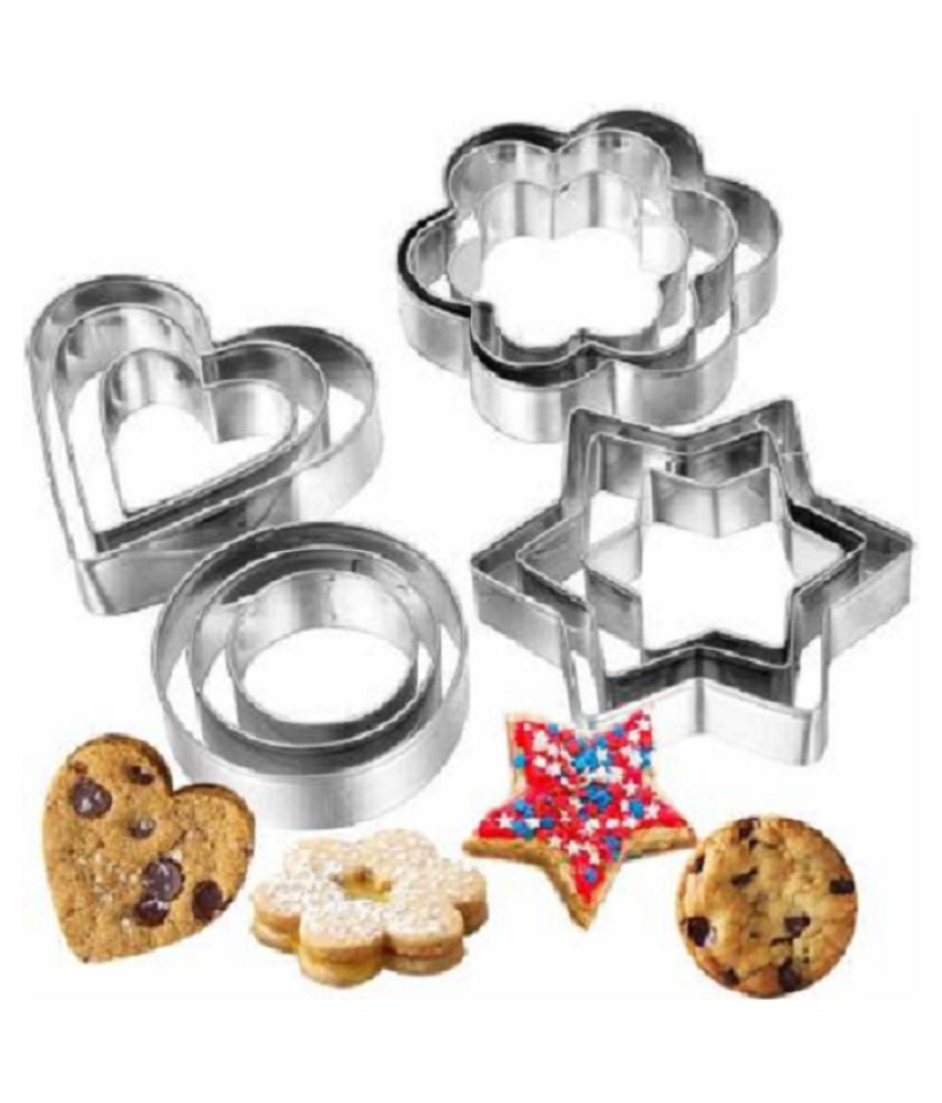 EleWa Pack of 12 Stainless Steel Multipurpose Cookies, Snacks and Salad Cuttter in Beautiful Shapes Include- Stars, Flower, Round and Heart Shape