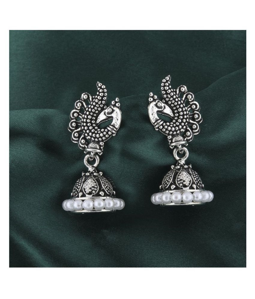     			SILVER SHINE  Eye-Catching White Beads in Peacock Shape Jhumki Earrings
