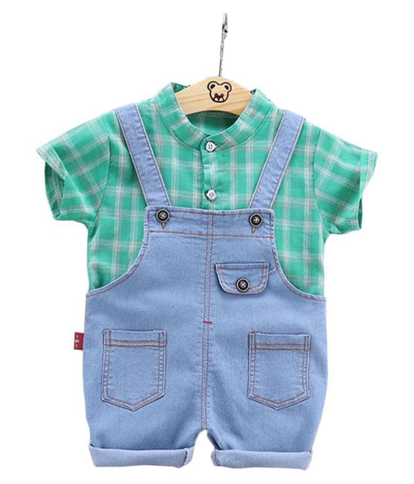 Hopscotch Boys Cotton and Polyester Checks Print Shirt And Dungaree in Green Color For Ages 4-5 Years (YUE-3081005)