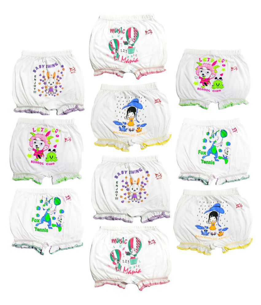     			Girls and Boys White cotton printed Bloomer drawer Multi pack(pack of 10)