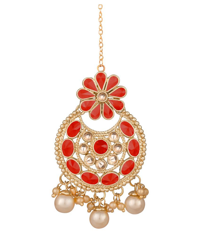     			Gold Tone Floral Cz LCD Stone and Polki Stone Studded Chandbali Maang Tikka with Pearl for Women and Girls (Maroon)