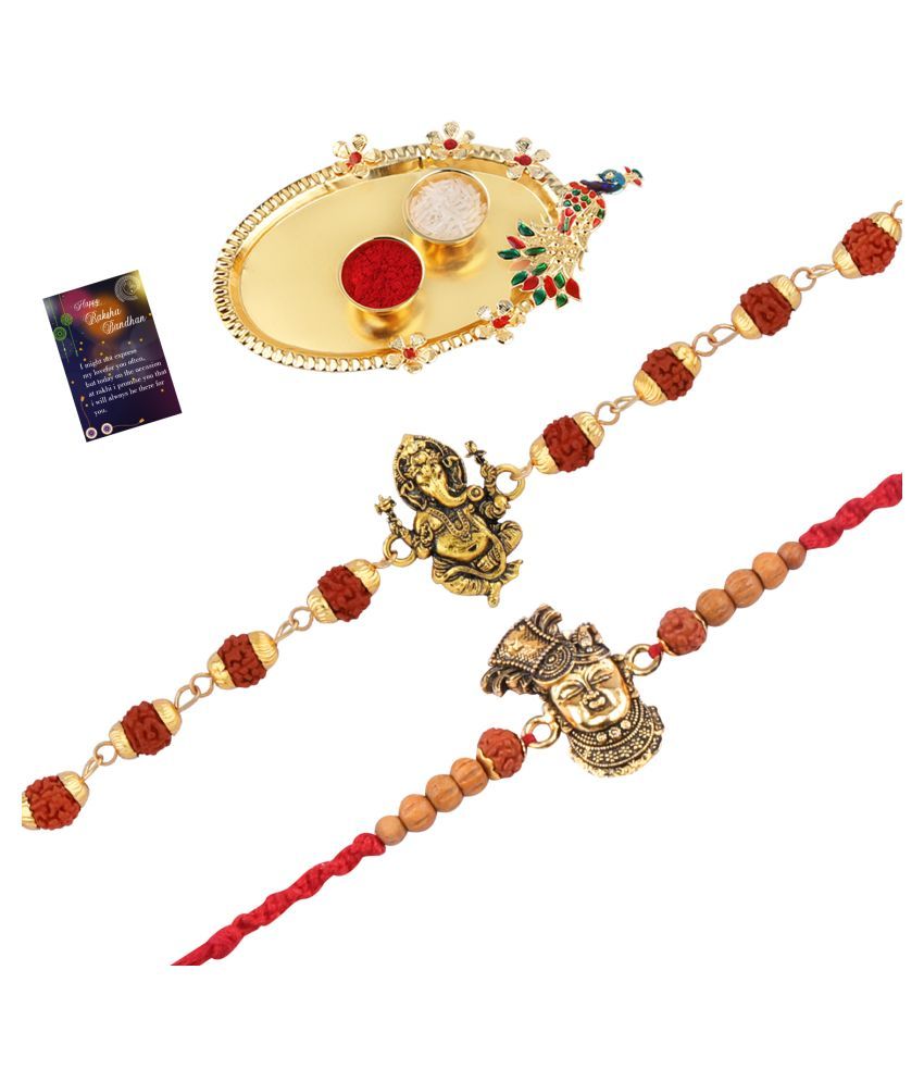     			Paola Rakhi  Rudraksh "Ganeshji" With Shreenath ji  Rakhi  For Bhaiya With Roli Chawal And Greeting Card 1 Kankawati Pooja Thali