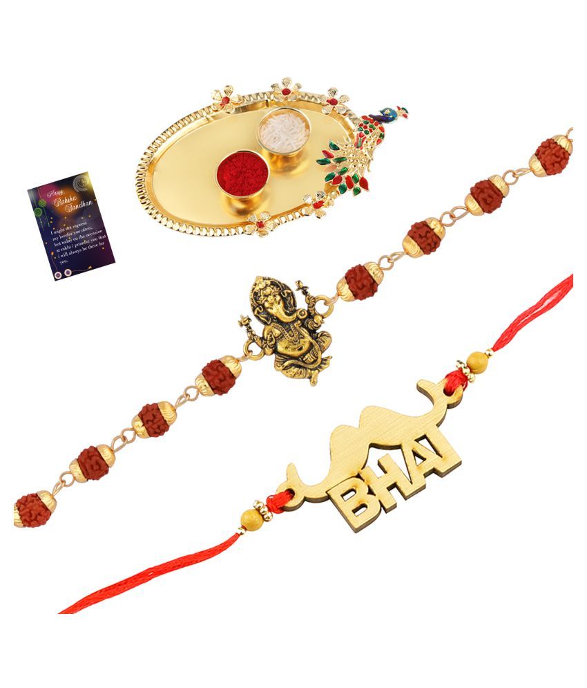     			Paola Rakhi  Rudraksh "Ganeshji"With   Elegant" BHAI" Designe  With Roli Chawal And  Greeting Card 1 Kankawati Pooja Thali