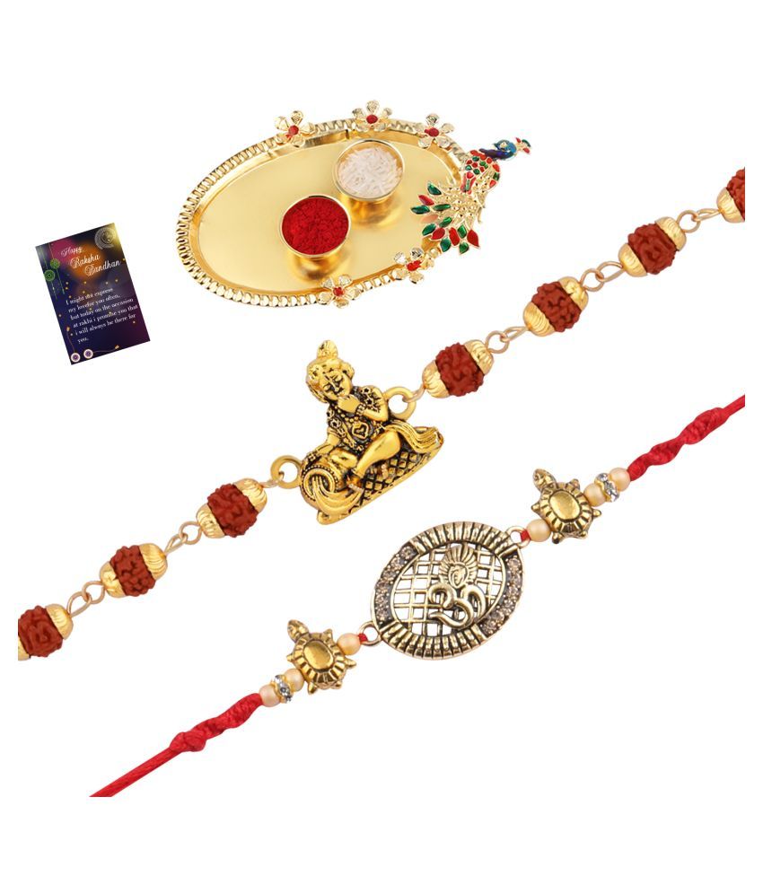     			Paola Rakhi  Rudraksh "Krishna"With  Designer Look "OM"  Rakhi With Roli Chawal And  Greeting Card 1 Kankawati Pooja Thali