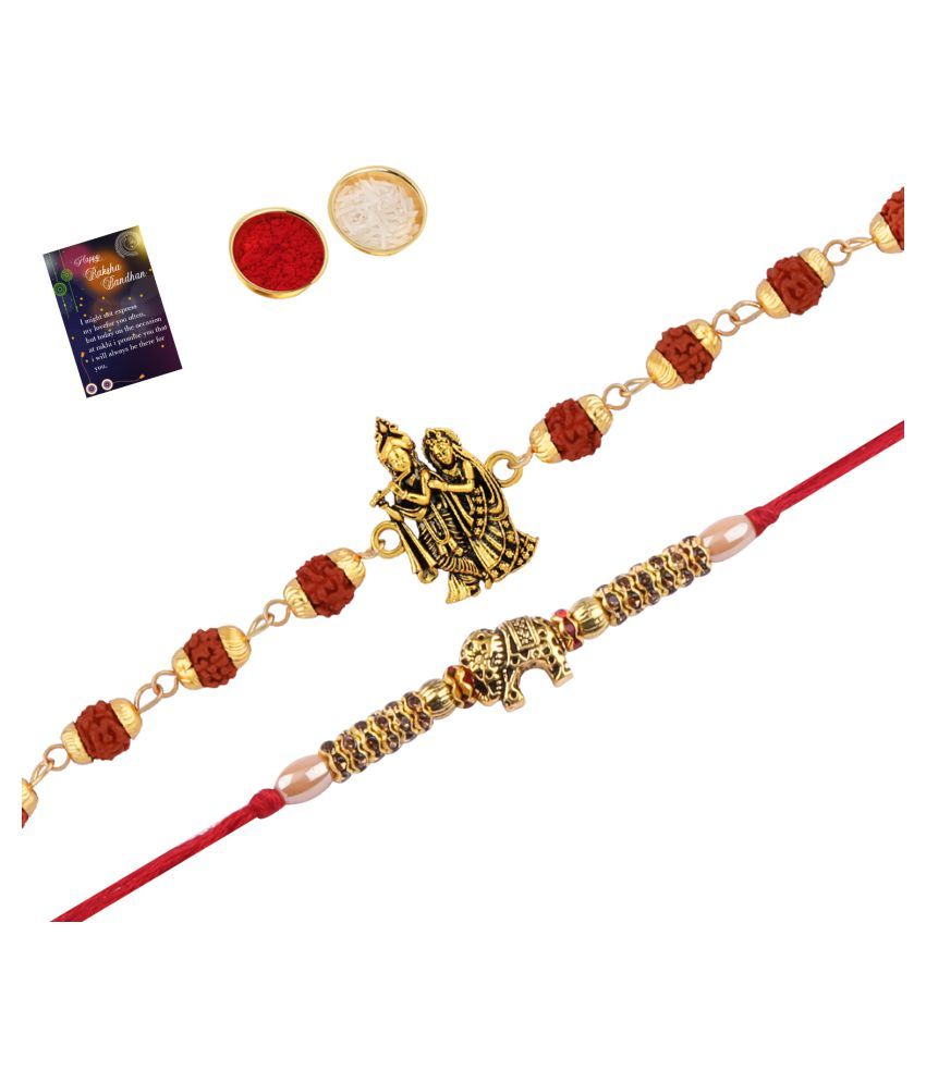     			Paola Rakhi Rudraksh "Radha Krishna" With  Stylish Designer Look  Rakhi With Roli Chawal And  Greeting Card