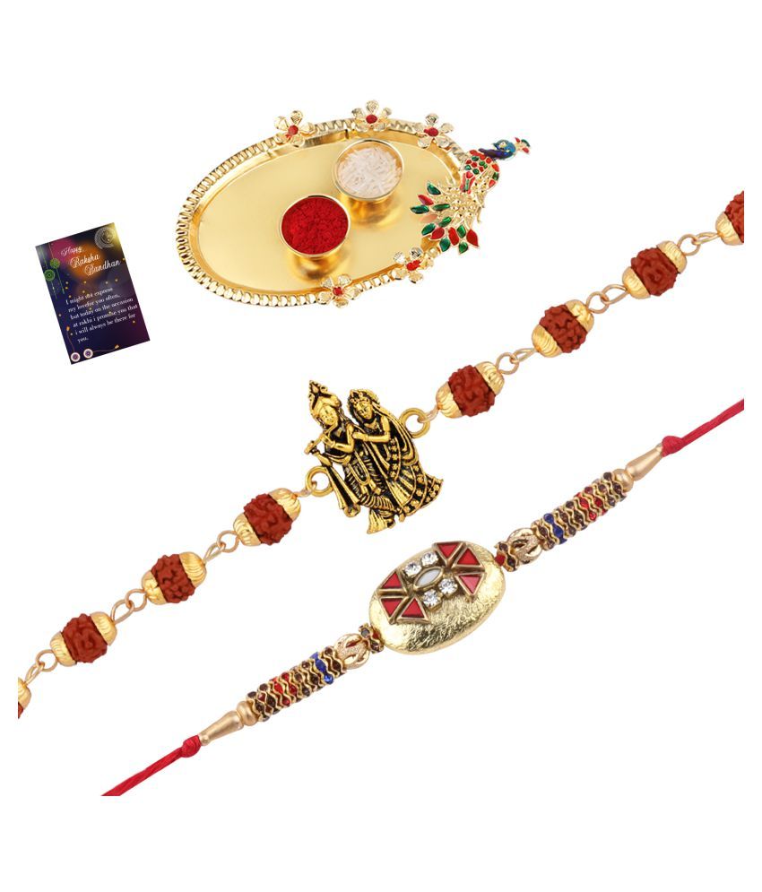     			Paola Rakhi Rudraksh "Radha Krishna" With  Stylish Rakhi With Roli Chawal And  Greeting Card 1 Kankawati Pooja Thali