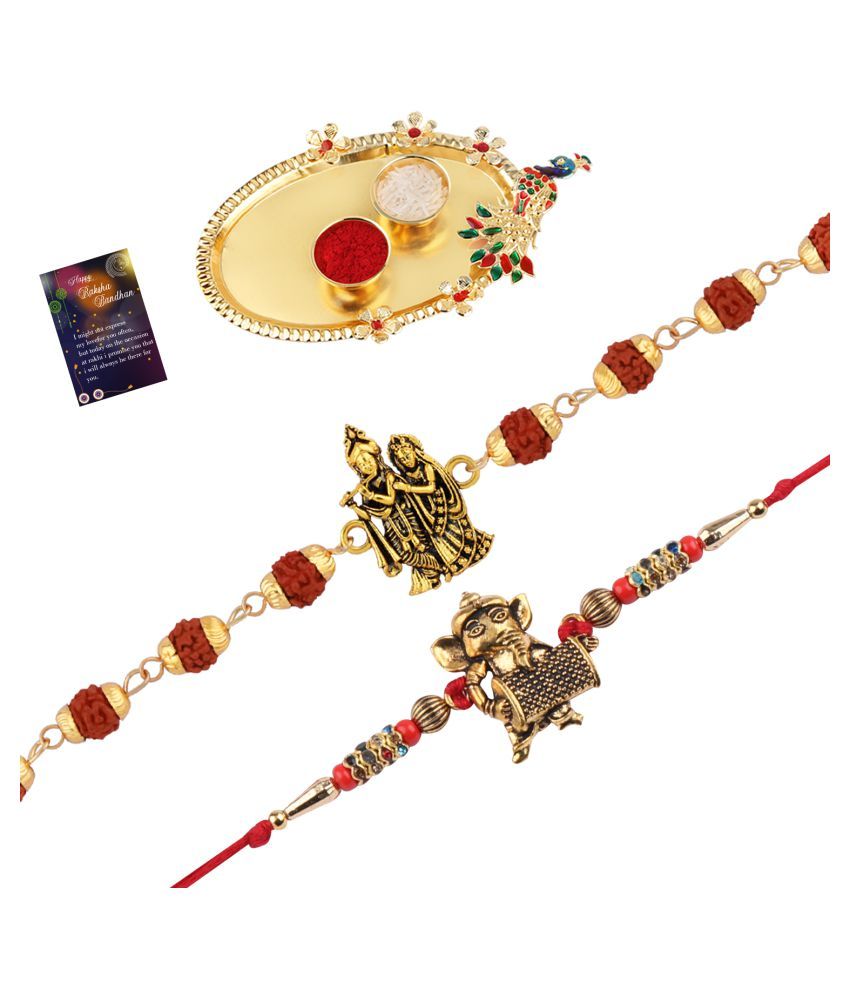     			Paola Rakhi Rudraksh "Radha Krishna" With  Stylish Classic  Look "GANESH JI"    Rakhi With Roli Chawal And  Greeting Card 1 Kankawati Pooja Thali