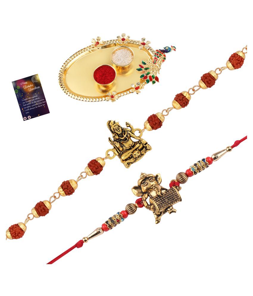     			Paola Rakhi  Rudraksh "Shiv Ji" With Classic  Look "GANESH JI" Rakhi  For Bhaiya With Roli Chawal And Greeting Card 1 Kankawati Pooja Thali