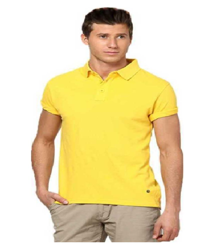     			ASAR Cotton Blend Yellow Solids T-Shirt