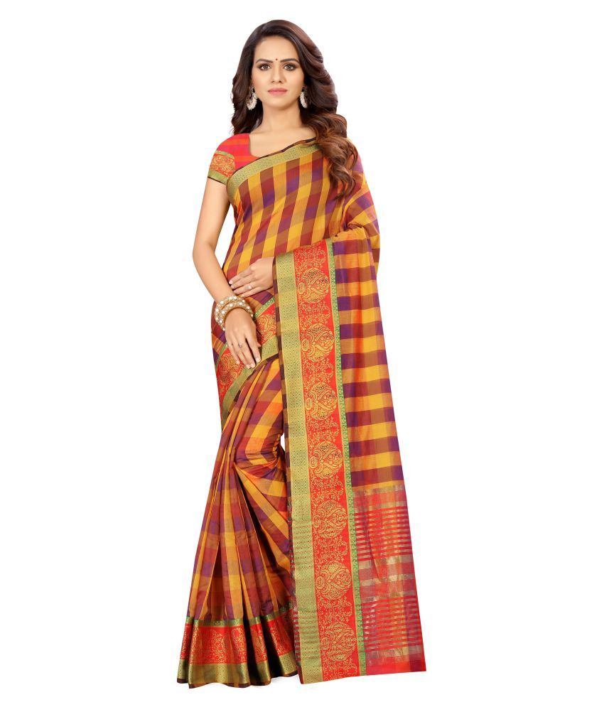     			Aarrah Yellow Cotton Blend Saree - Single