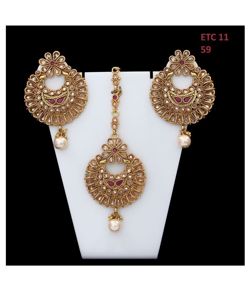 Jewelryonclick Ethnic Chandbali Earring Set with Maang Tikka Gold ...