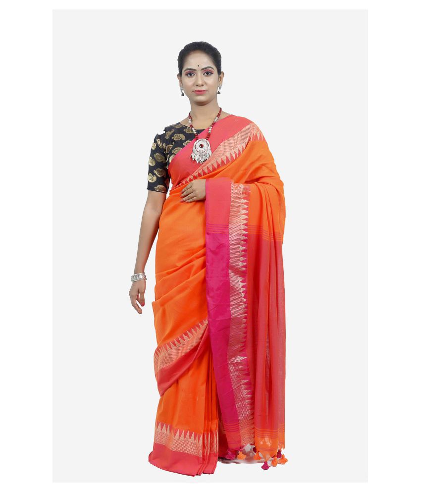     			AngaShobha Orange Cotton Blend Saree - Single
